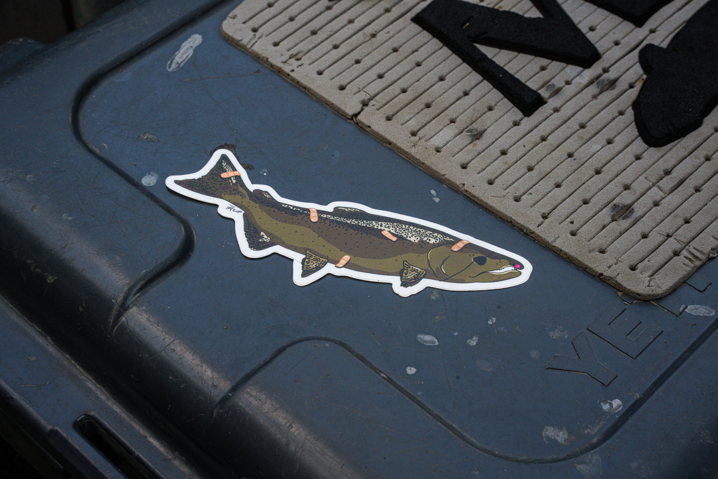 Fish-shaped sticker on a blue surface with a textured mat in the background